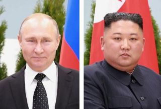 ロシアのプーチン大統領（左）、北朝鮮の金正恩朝鮮労働党総書記（いずれも朝鮮通信＝共同）  