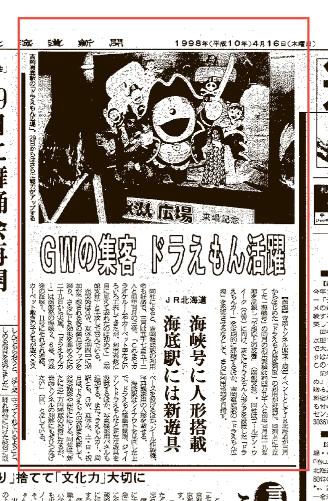 タイムトラベル渡島檜山＞1998年4月16日 JR北海道「ドラえもん海底列車
