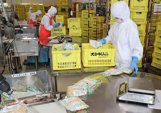 袋詰めされ、人の目で検品されるもやし（浜本道夫撮影）