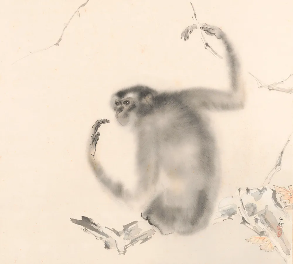 【真作】掛軸　池上秀畝　猿と春枝　水墨動物画　気品ある動物表現　共箱入　T97 うつくしき日本画＞④橋本関雪「玄猿」 巧みな筆致 描写力卓越：北海道