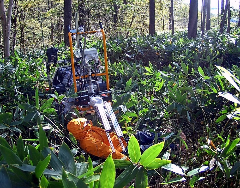 森の中でマネキンを持ち上げる寸前だった東大チームのロボット（実行委提供） 