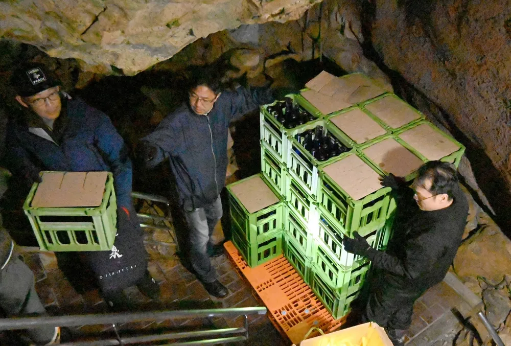 当麻の鐘乳洞で地酒熟成　新たに旭農高生製造のチーズも　出来に期待込め搬入