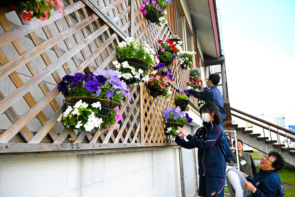後志総合振興局森林室の壁に花かごを飾りつける倶知安農業高生やWAOのメンバーたち