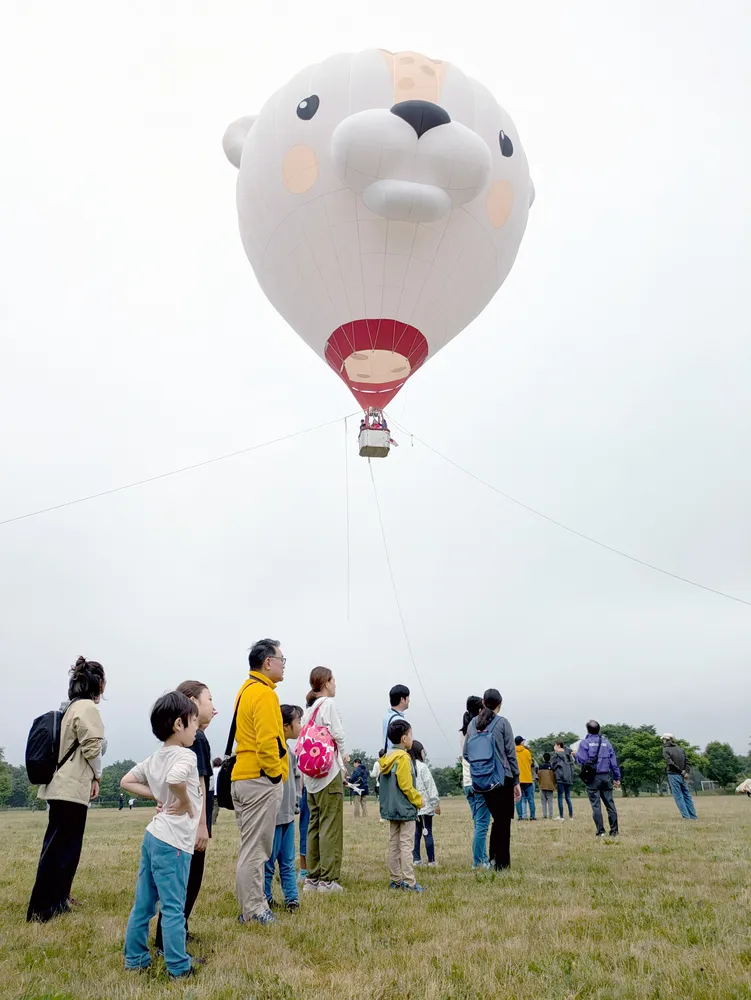 搭乗者を乗せて空に浮かぶ熱気球。地上約20メートルまで上昇した