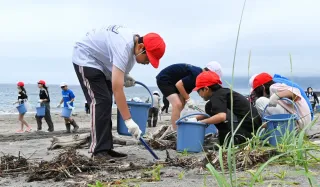 海岸で漂着物を探し集める児童たち