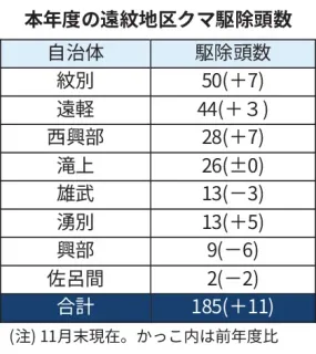 遠紋地区のクマ駆除185頭　11月末時点で前年度分を上回る　餌不足影響、冬眠前人里に