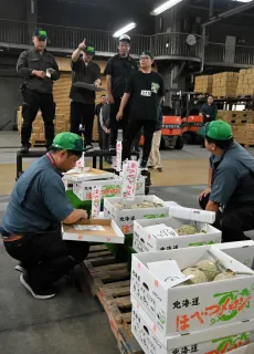 ほべつメロン、苫小牧で初競り　最高額5玉15万円　甘くとろみ、赤肉うまい